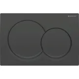 Plaque de chasse d'eau double ronde Geberit Alpha01, noir mat, avec deux boutons circulaires pour la chasse d'eau.