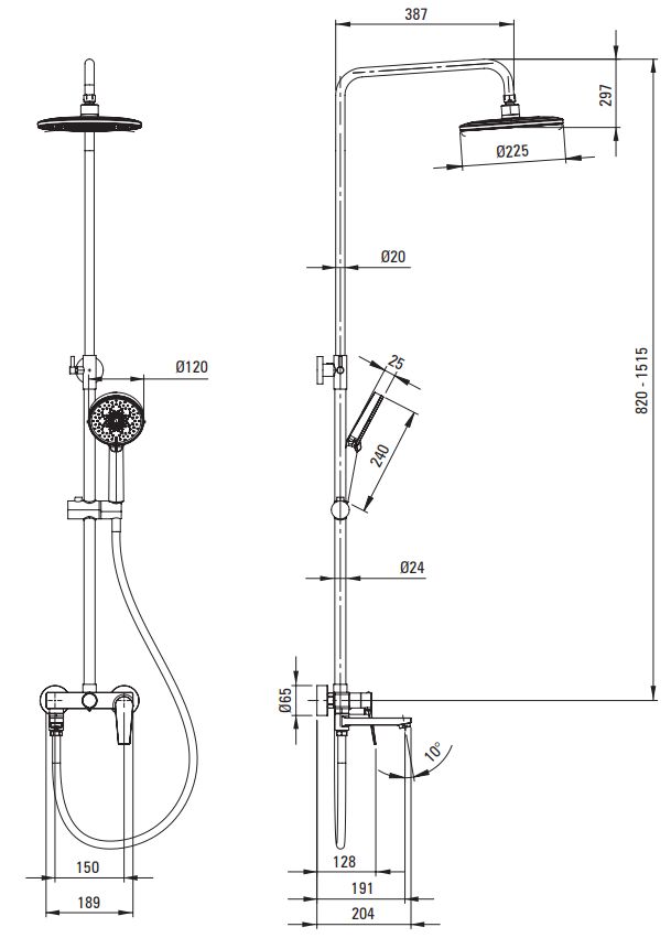 Colonne de douche Showerpipe Neo Ivo 225 avec mitigeur de douche, douchette à main 3 jets et bec verseur en chromé
