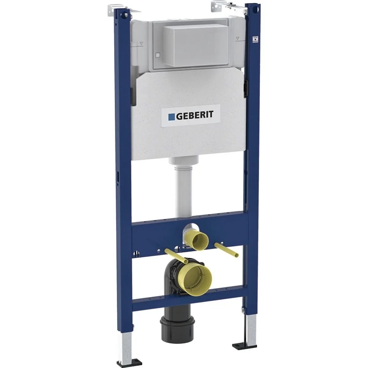 Cadre Geberit Duofix Alpha 12 cm Next 1.0 avec réservoir blanc et structure de support en métal bleu.