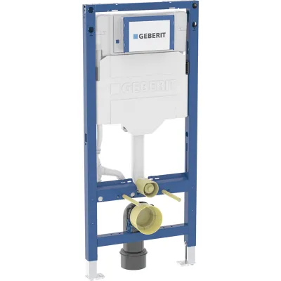 Cadre de toilette mural Geberit Duofix Sigma 12cm avec composants en métal bleu et blanc.