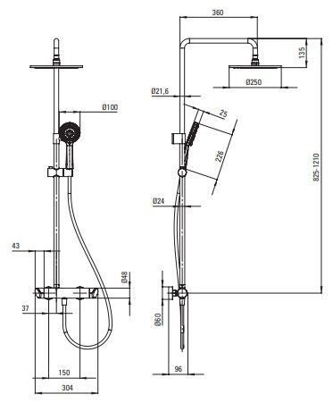 Colonne de douche Deante Arnika 250 avec mitigeur en noir mat et douchette à main 3 jets — vue 3