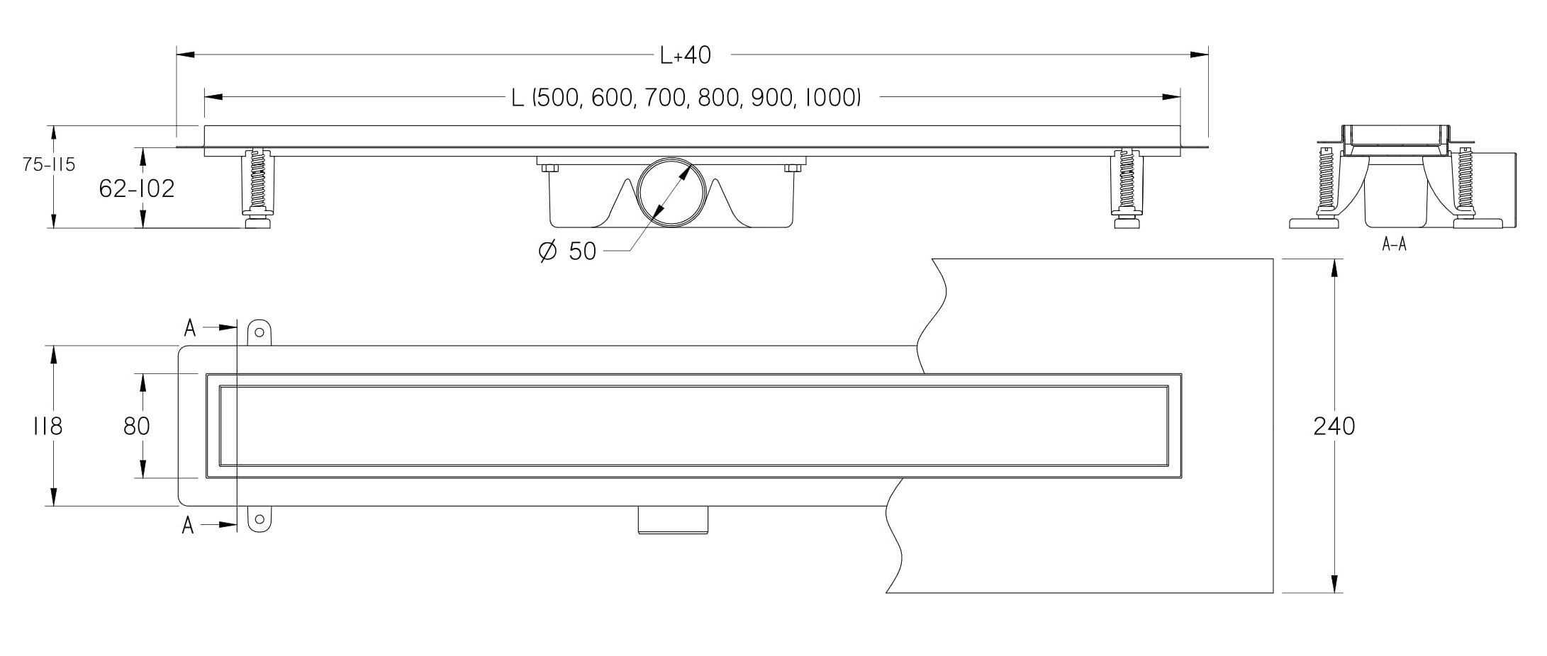 Canivelle de douche Vogi Drain linéaire Duo 50 cm avec grille réversible prêt à carreler ou en acier inoxydable 304 brossé  - débit d'évacuation 56 L/min - vue 8