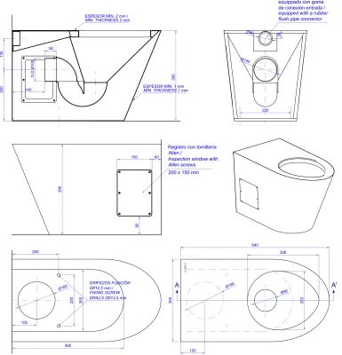 Dessin technique de la cuvette de toilettes antivandalisme Nofer avec dimensions et spécifications.