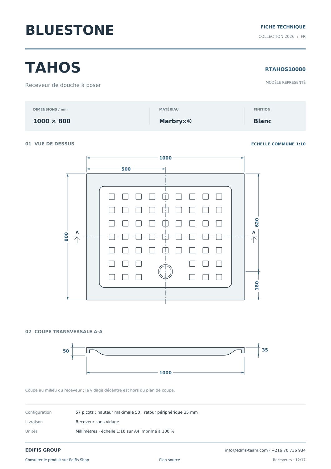Receveur Tahos 100 x 80 cm sans vidage — vue 4