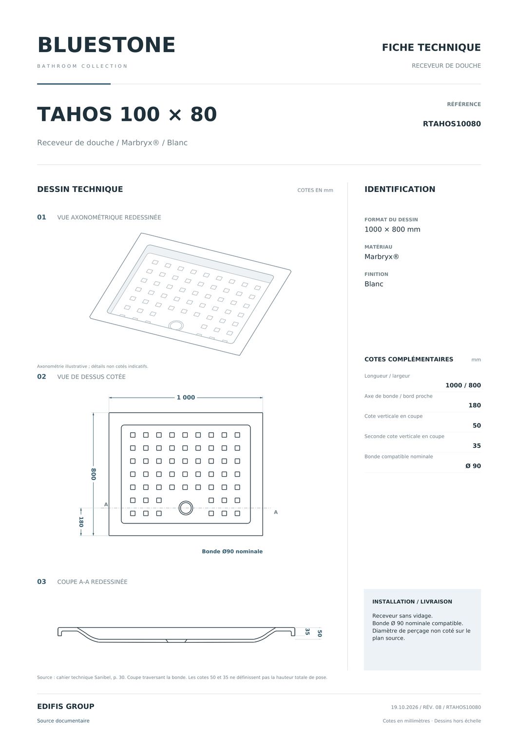 Receveur Tahos 100 x 80 cm sans vidage — Vue produit 4