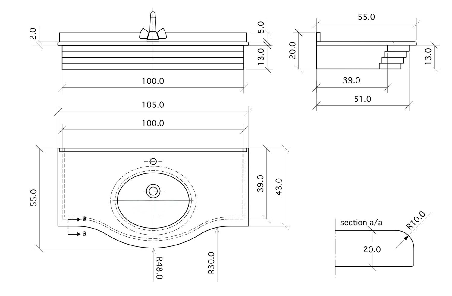 Vanity top Niagara 104 cm with inset basin Broadway — Product view 2