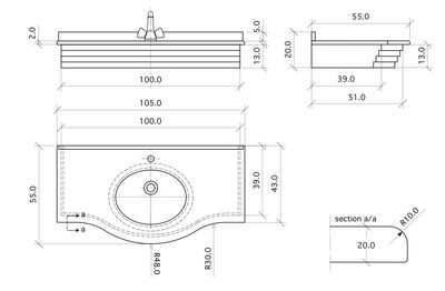 Plan Niagara 104 cm Broadway : dessin technique du lavabo encastré avec dimensions et mesures indiquées.