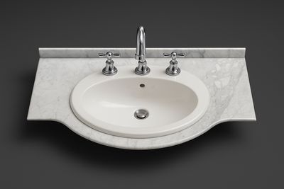 Plan Niagara, lavabo en marbre blanc de 104 cm avec robinet et poignées argentés, modèle Broadway.