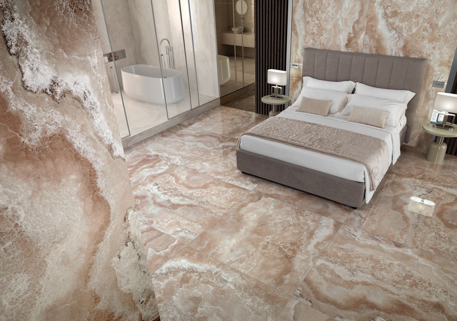 Grès cérame Tagina Onyx Diamond Champagne poli 60 x 120 cm, rectifié