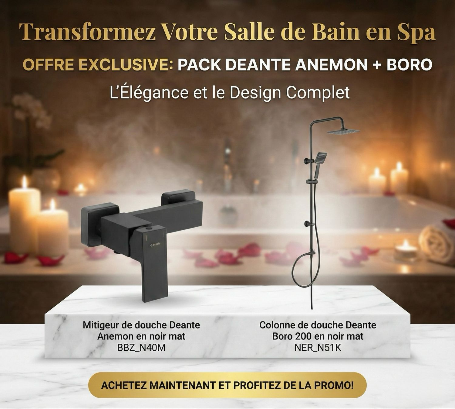 PACK: Deante Anemon Shower Mixer and Deante Boro 200 Shower Column in Matte Black