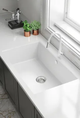 Deante Corda Undermount Single Bowl Granite Kitchen Sink 80 x 50 cm in Alabaster White with Manual Drainage