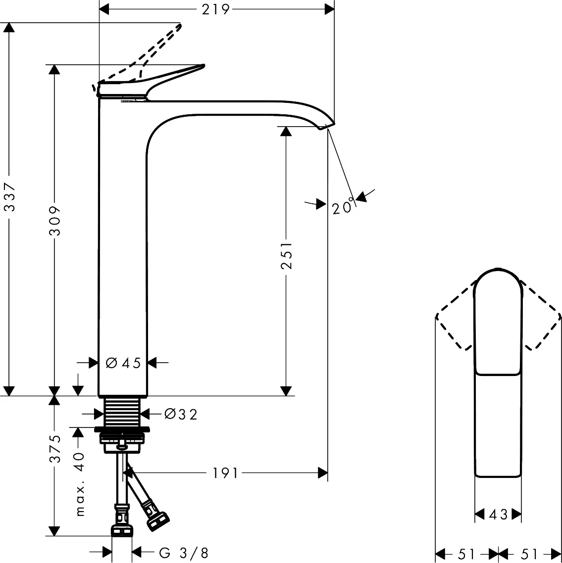 Mitigeur de lavabo Hansgrohe Vivenis 250 sans tirette ni vidage
