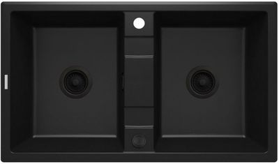 Deante Eridan 86 x 50 cm Matte Black Double Bowl Granite Undermount Kitchen Sink with Space-Saving Telescopic Drain