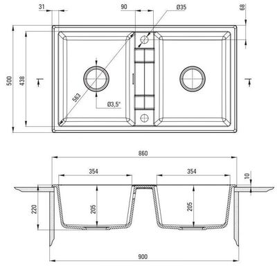 Deante Eridan 86 x 50 cm Matte Black Double Bowl Granite Undermount Kitchen Sink with Space-Saving Telescopic Drain