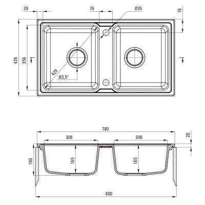 Deante Zorba Double Bowl Granite Undermount Kitchen Sink 78 x 43.5 cm in Matte Black with Space-Saving Telescopic Drain