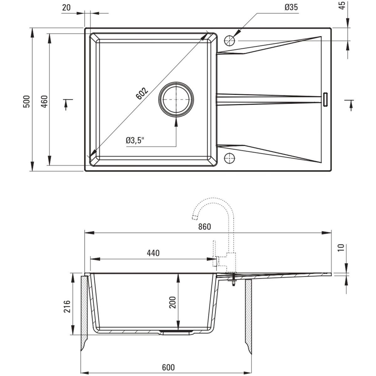 Évier de cuisine encastrable simple bac granit Deante Corio 86 x 50 cm en finition graphite avec vidage automatique télescopique gain de place — vue 3