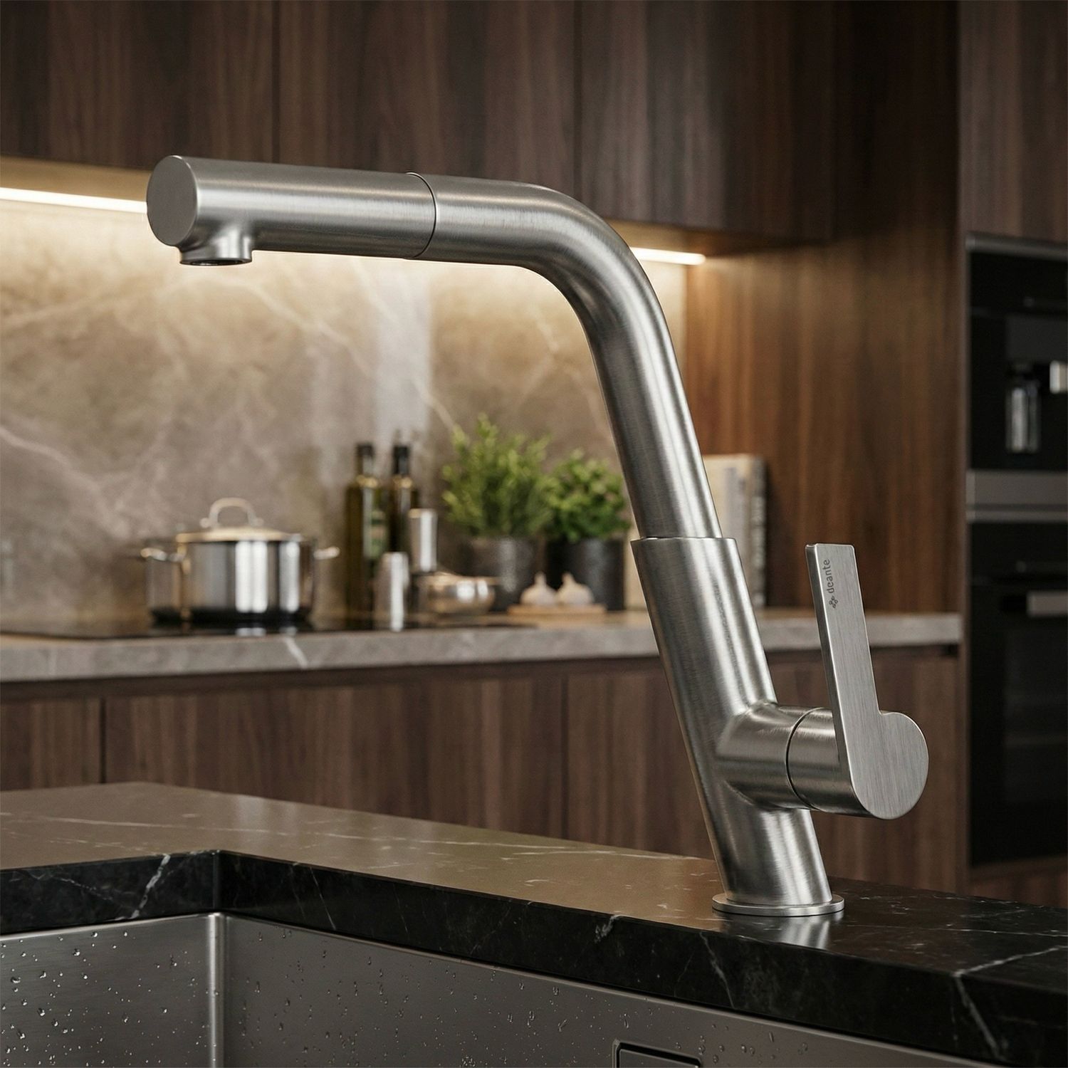 Deante Silia Kitchen Mixer Tap with Pull-Out Titanium Showerhead
