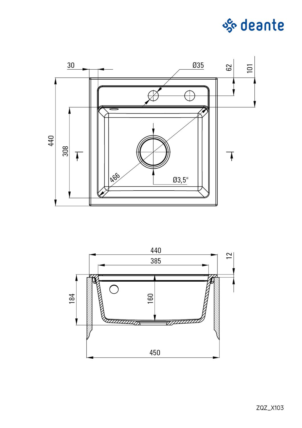 Deante Zorba 44 x 44 cm Metallic Graphite Granite Single Bowl Undermount Kitchen Sink with Space-Saving Telescopic Drain