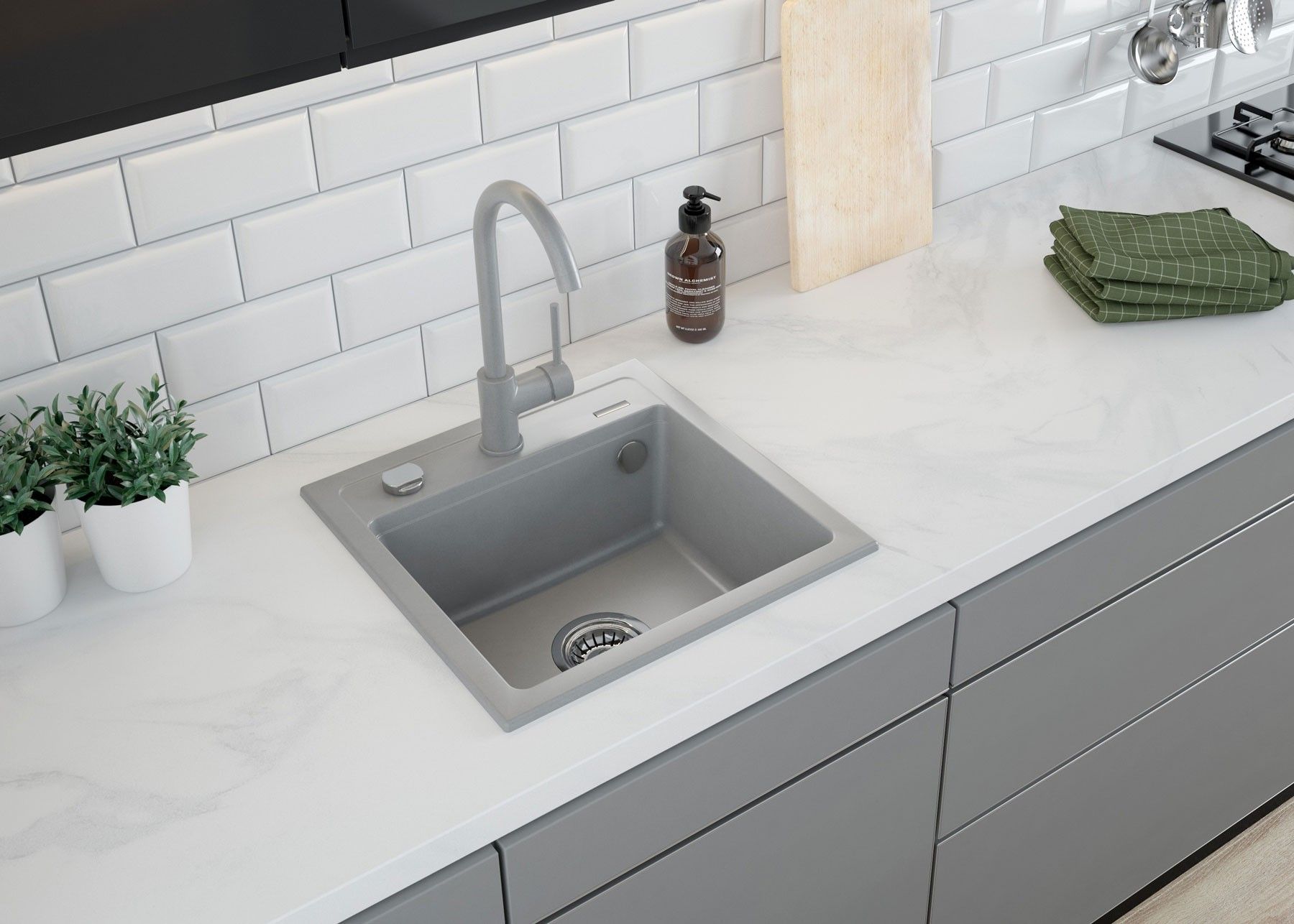 Évier de cuisine encastrable simple bac granit Deante Zorba 44 x 44 cm en gris métallisé avec vidage automatique télescopique gain de place - vue 3