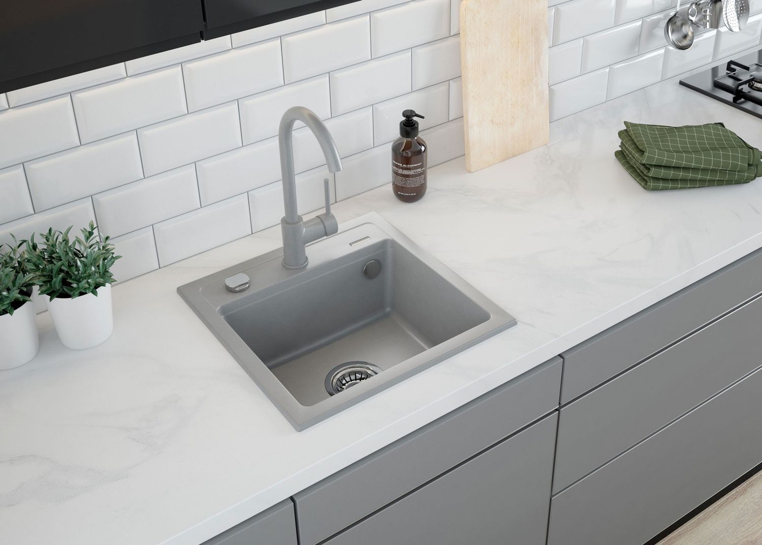 Évier de cuisine encastrable simple bac granit Deante Zorba 44 x 44 cm en gris métallisé avec vidage automatique télescopique gain de place — vue 3