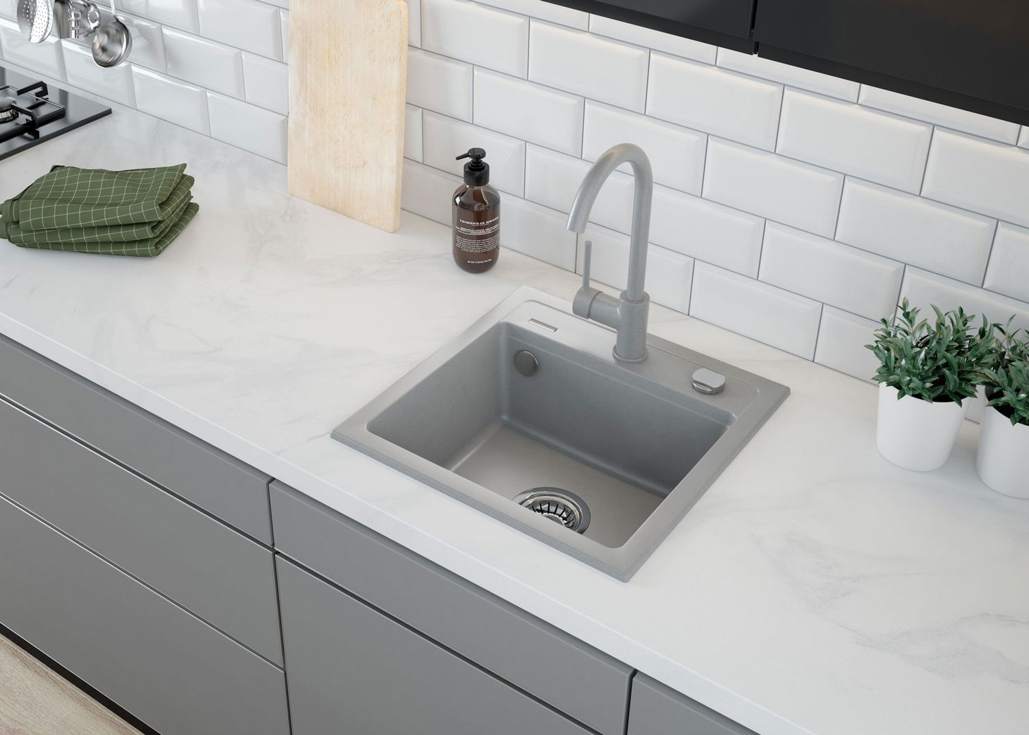 Deante Zorba 44 x 44 cm Metallic Gray Granite Single Bowl Undermount Kitchen Sink with Space-Saving Telescopic Drain