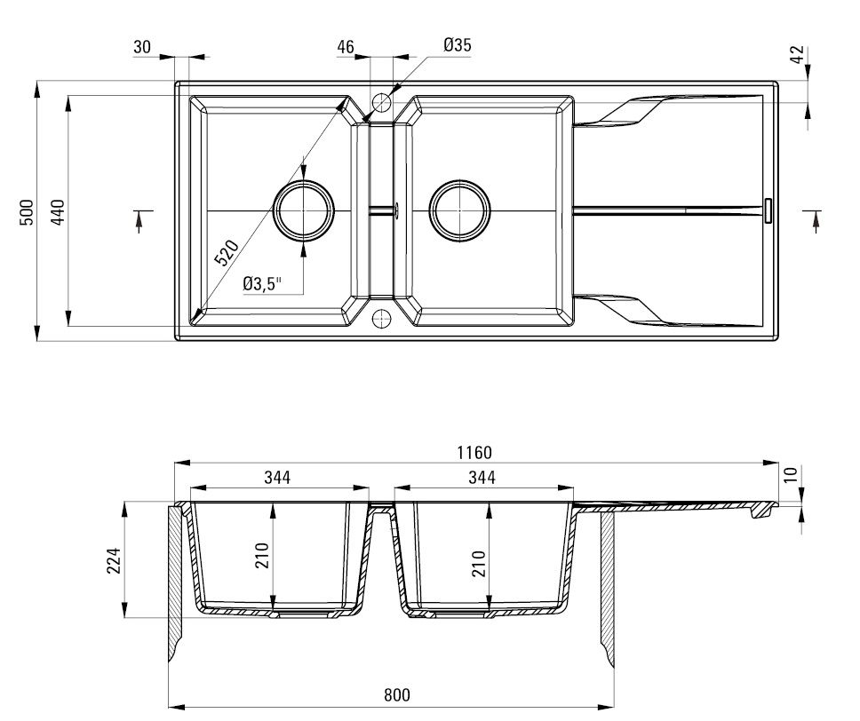Deante Andante 116 x 50 cm white alabaster built-in double bowl granite kitchen sink with space-saving telescopic drain