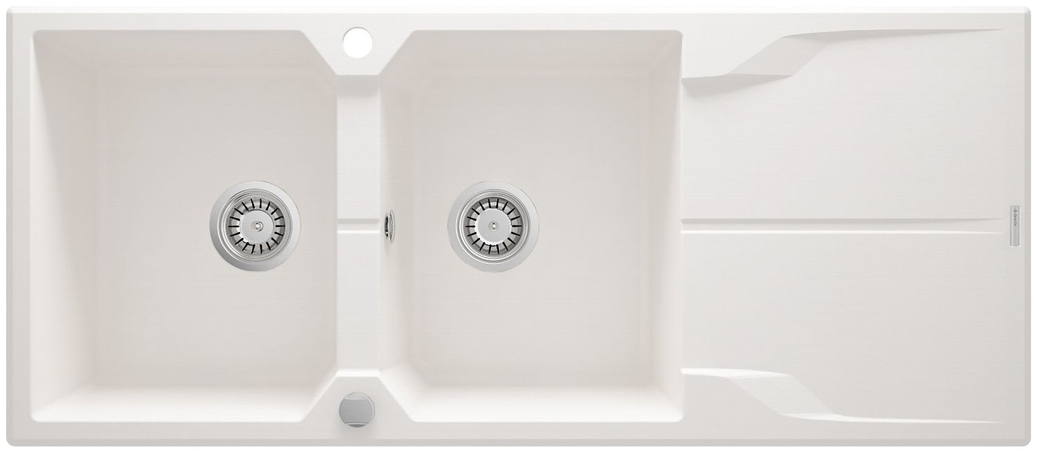 Deante Andante 116 x 50 cm white alabaster built-in double bowl granite kitchen sink with space-saving telescopic drain