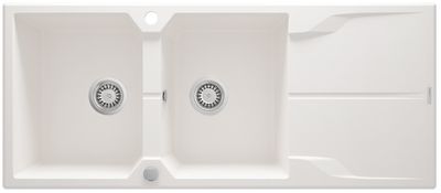Deante Andante 116 x 50 cm white alabaster built-in double bowl granite kitchen sink with space-saving telescopic drain