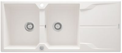 Deante Andante 116 x 50 cm white alabaster built-in double bowl granite kitchen sink with space-saving telescopic drain