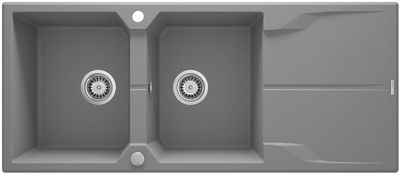 Deante Andante double bowl granite built-in kitchen sink 116 x 50 cm in metallic gray with space-saving telescopic drainage