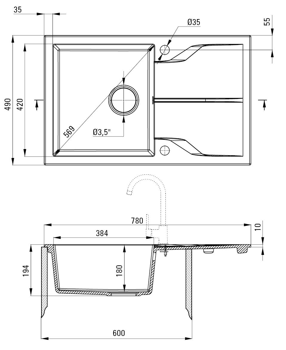 Évier de cuisine encastrable simple bac granit Deante Andante 78 x 49 cm, finition sablée avec vidage automatique télescopique gain de place — vue 3