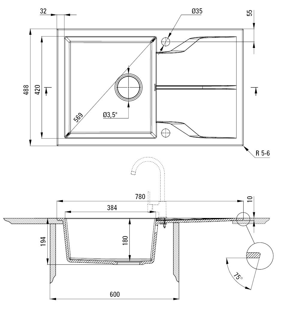 Évier de cuisine encastrable simple bac granit Deante Andante Flush 78 x 49 cm en anthracite métallisé avec vidage automatique télescopique gain de place — vue 3