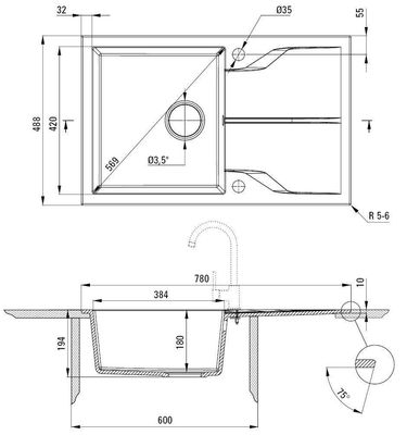 Deante Andante Flush Single Bowl Granite Undermount Kitchen Sink 78 x 49 cm Matte Black with Space-Saving Telescopic Drain