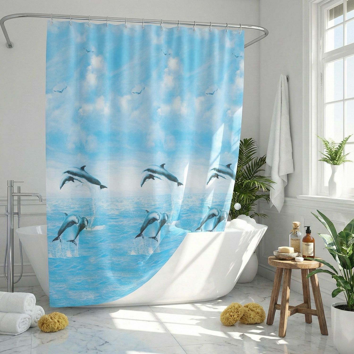Rideau de douche Jump bleu 180 × 200 cm avec anneaux – Motifs dauphins