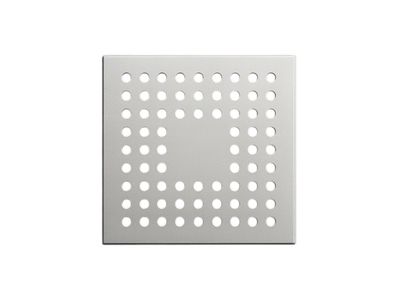 Grille d'évacuation de douche carrée en acier inoxydable Bluestone avec finition chromée et nombreux petits trous.