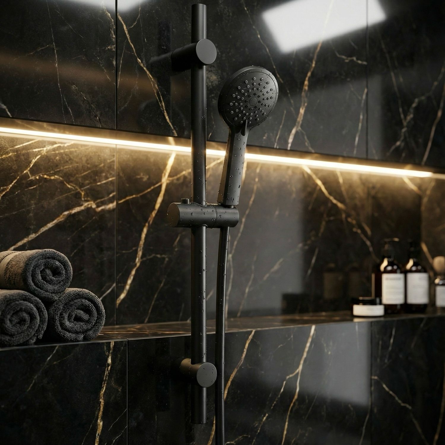 Deante Jasmin Shower Bar with 3-Function Hand Shower and Matte Black Hose