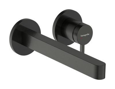 Robinet mitigeur mural pour lavabo Hansgrohe Finoris en chrome noir brossé avec poignée unique.