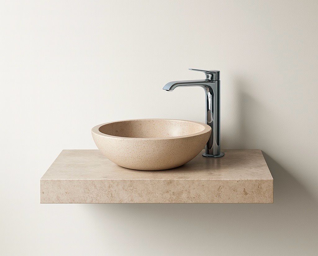 Lavabo en marbre, Plan-vasque Utique 80cm, gris Kedhel, lavabo de salle de bain moderne avec robinet chromé.