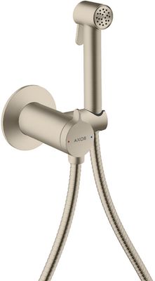Axor round douchette hygiénique WC en nickel brossé avec support et flexible de douche.