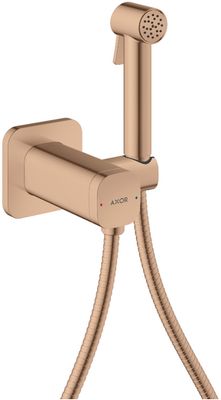Pommeau de douche bidet Axor Softsquare en or rouge poli avec support mural et flexible.