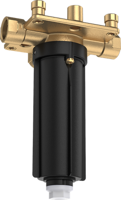 Composant de système de douche de plafond AXOR ShowerSolutions, noir et or, corps cylindrique avec raccord en forme de T.