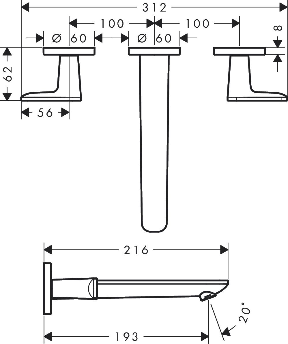 AXOR Citterio C 3-Hole Concealed Basin Mixer 195 mm with Cubic Lever Handle in Brushed Nickel