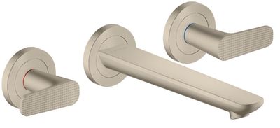 Gros plan du mitigeur de lavabo AXOR Citterio C à 3 trous avec poignée en nickel brossé et bouton cubique.