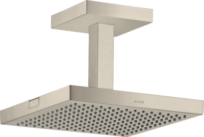Pommeau de douche carré Axor ShowerSolutions de 240 mm avec finition nickel brossé et fixation au plafond.