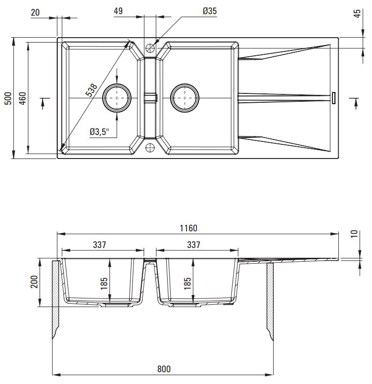 Deante Corio 116 x 50 cm Graphite Double Bowl Granite Undermount Kitchen Sink with Drain