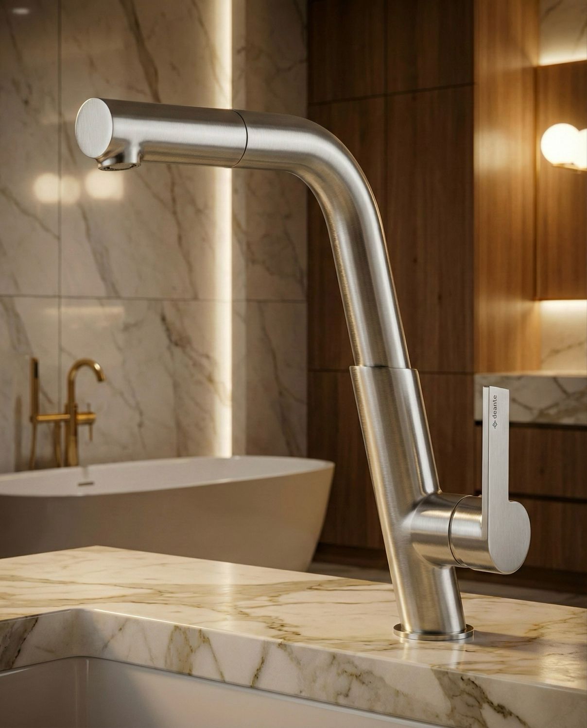 Deante Silia Kitchen Mixer with Pull-Out Spray in Brushed Stainless Steel