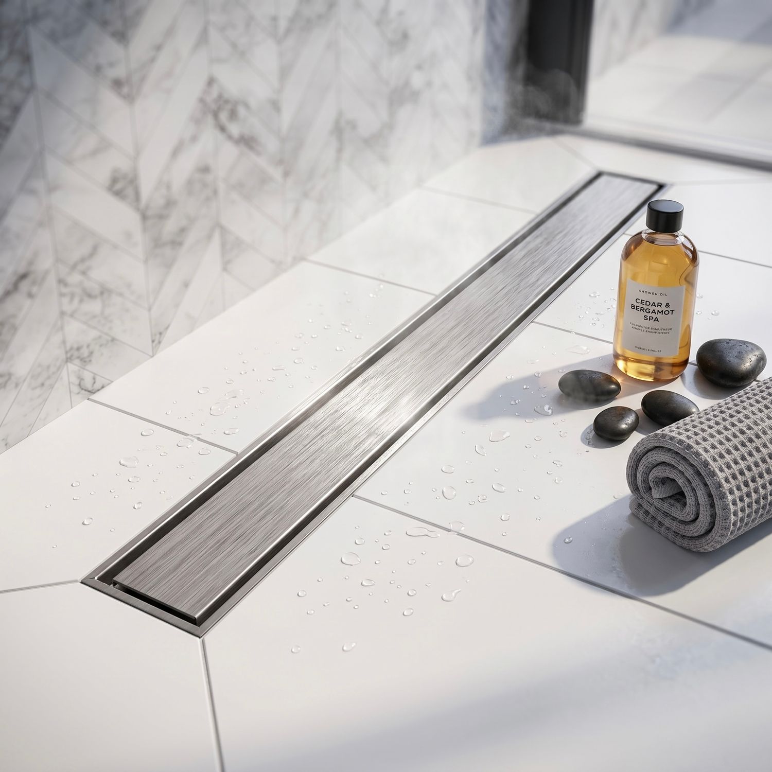 Vogi Drain Linear ABS Duo Shower Channel 90 cm in Brushed Chrome - Drain Flow Rate 56 L/min