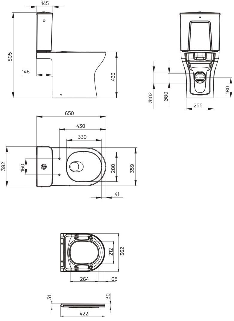 Pack cuvette sur pied monobloc Deante Jasmin Rimfree avec fixations cachées et abattant à abaissement automatique - vue 9