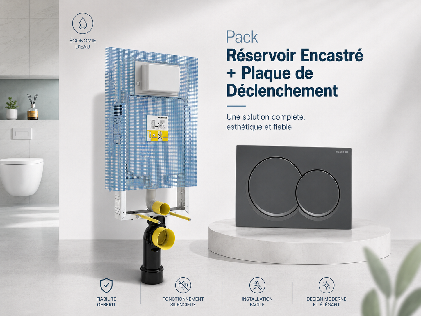 Bâti-pack® Réservoir encastré et plaque de déclenchement Geberit Alpha 01 square noir mat - vue 2