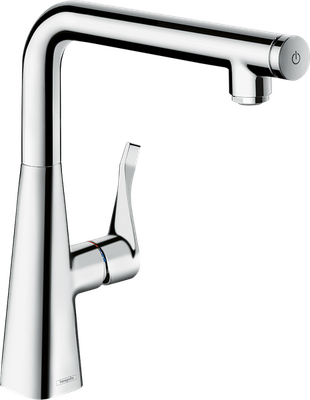 Robinet de cuisine chromé Hansgrohe Metris Select M71 260 avec ComfortZone et bouton Select.